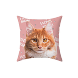 Pink pillow with hearts and the phrase "I love mom", it features a portrait of a cat. [ILoveMomImageCutOut]