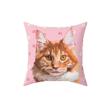 Pink pillow with paws, it features an illustration of a cat. [LightPinkPawsHandIllustration]
