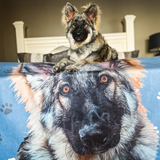 Fluffy dog on a bed behind a custom blanket with a detailed portrait of its face.
