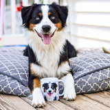Dog sitting in porch with a mug of itself.